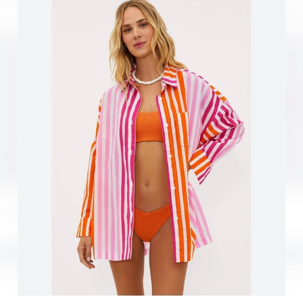 Beach Riot Alexa Top Sunset Stripes Oversized Button Front Petite Large - Picture 2 of 4
